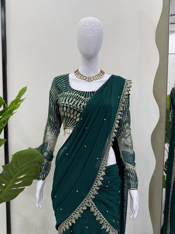 Classic Green Color Faux Georgette Thread With Sequence Work Ready To Wear Lehenga Saree