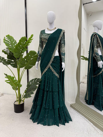 Classic Green Color Faux Georgette Thread With Sequence Work Ready To Wear Lehenga Saree