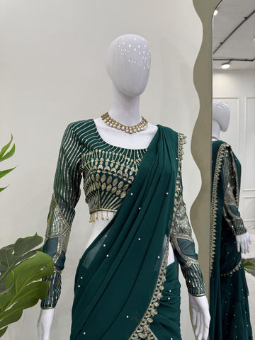 Classic Green Color Faux Georgette Thread With Sequence Work Ready To Wear Lehenga Saree