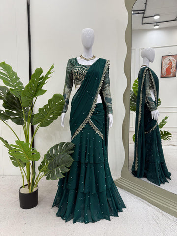 Classic Green Color Faux Georgette Thread With Sequence Work Ready To Wear Lehenga Saree