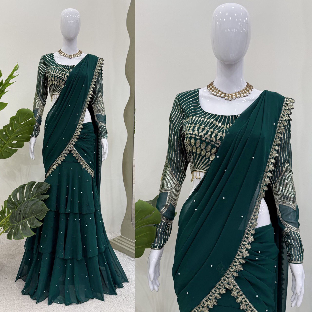 Classic Green Color Faux Georgette Thread With Sequence Work Ready To Wear Lehenga Saree