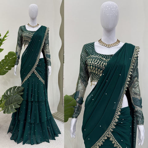 Classic Green Color Faux Georgette Thread With Sequence Work Ready To Wear Lehenga Saree