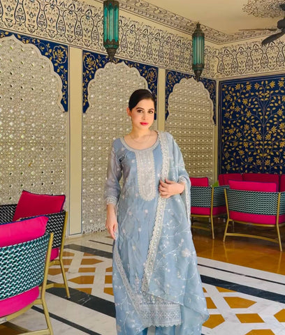 Bollywood Style Sky Blue Color Pure Gold Crush Silk With Heavy Embroidery Sequence Work Salwar Suit