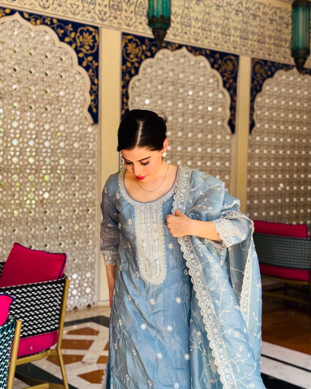 Bollywood Style Sky Blue Color Pure Gold Crush Silk With Heavy Embroidery Sequence Work Salwar Suit