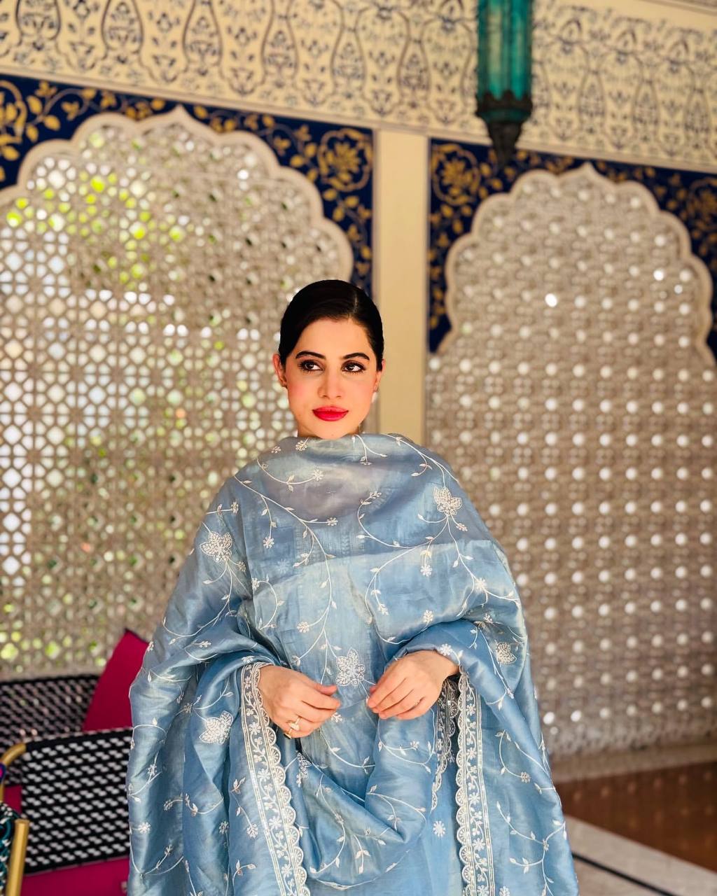 Bollywood Style Sky Blue Color Pure Gold Crush Silk With Heavy Embroidery Sequence Work Salwar Suit