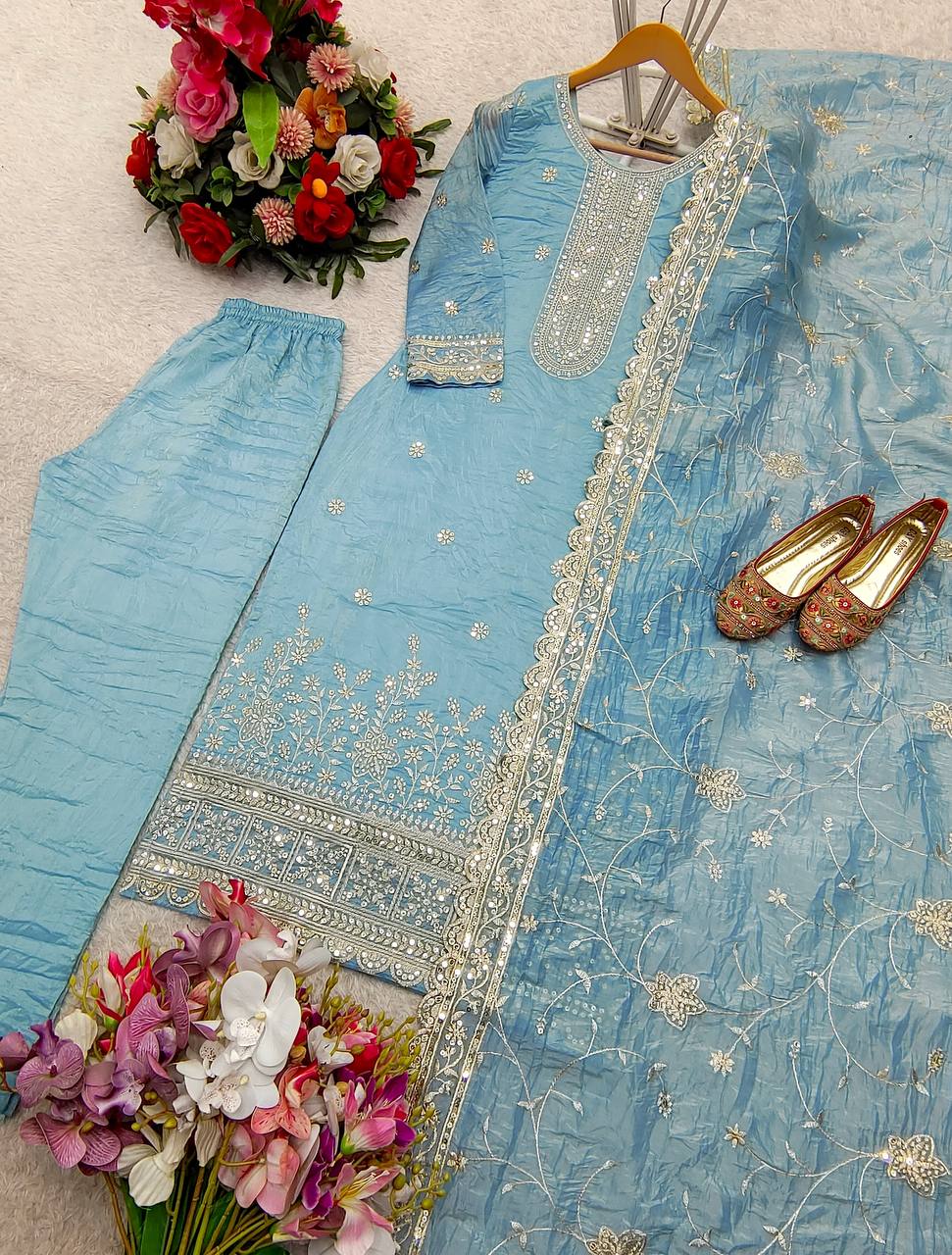 Bollywood Style Sky Blue Color Pure Gold Crush Silk With Heavy Embroidery Sequence Work Salwar Suit