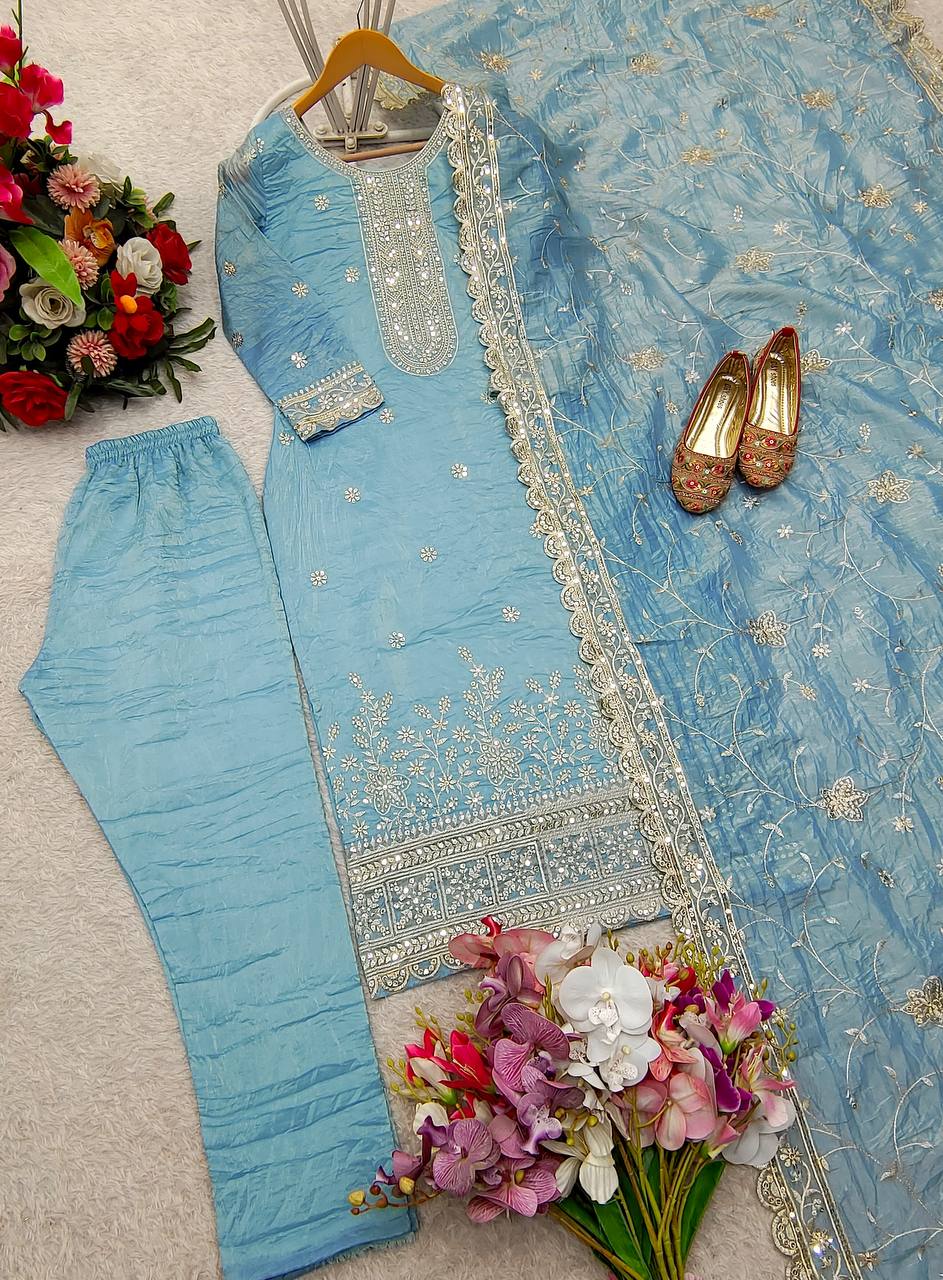 Bollywood Style Sky Blue Color Pure Gold Crush Silk With Heavy Embroidery Sequence Work Salwar Suit
