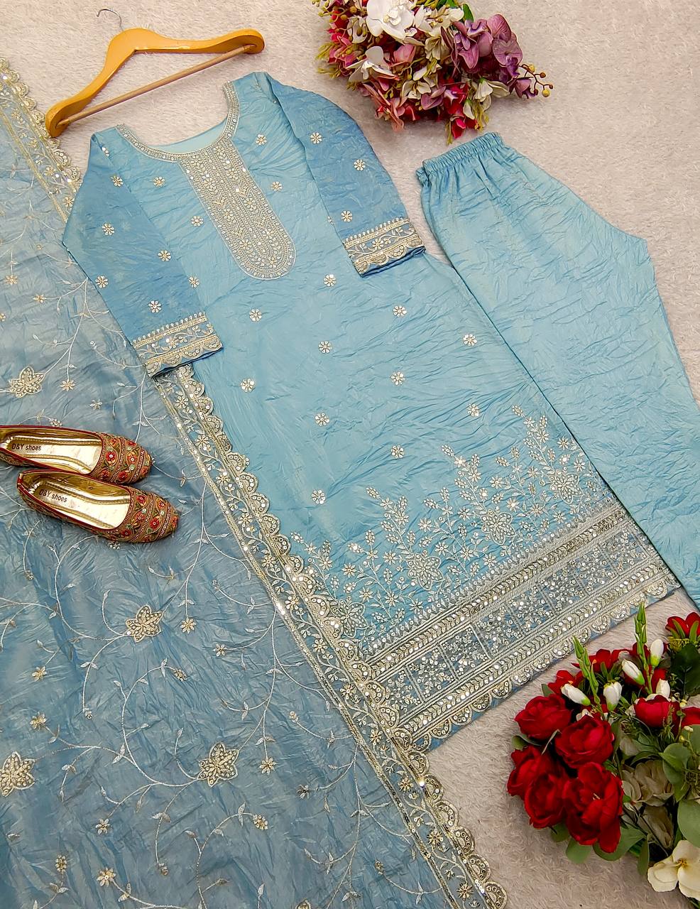 Bollywood Style Sky Blue Color Pure Gold Crush Silk With Heavy Embroidery Sequence Work Salwar Suit