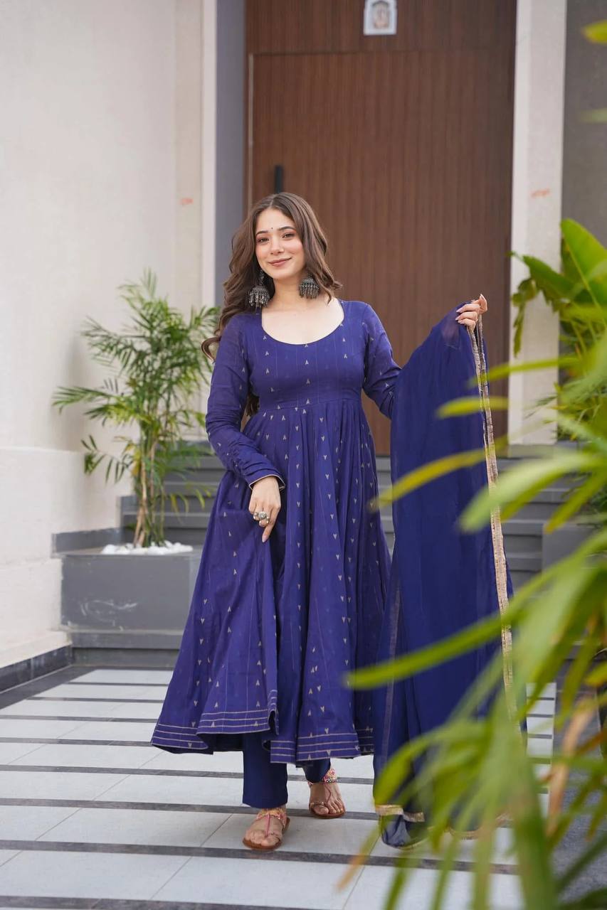 Mesmerizing Navy Blue Color Softy Chex Digital Printed Padded Anarkali Suit