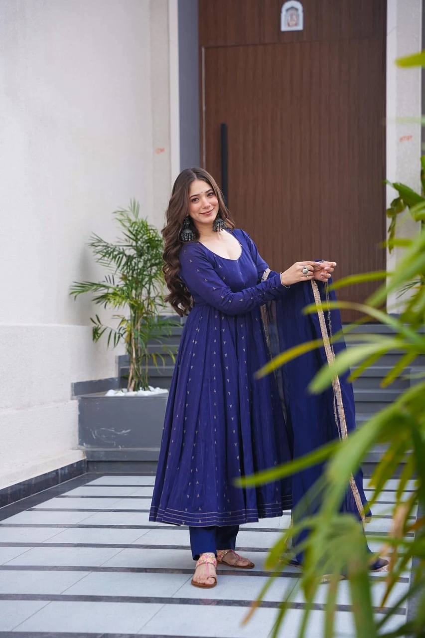 Mesmerizing Navy Blue Color Softy Chex Digital Printed Padded Anarkali Suit