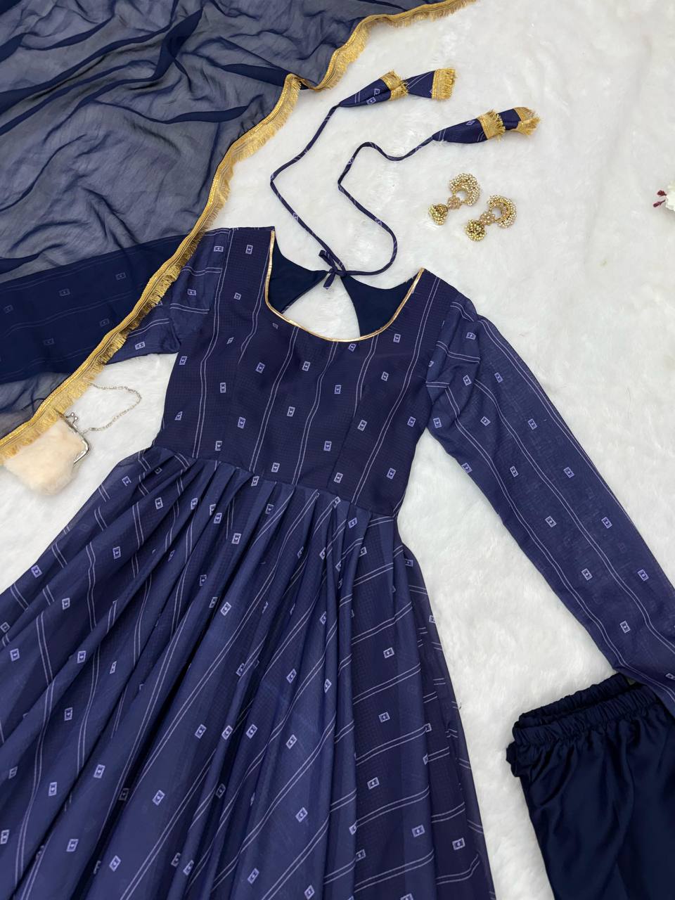 Mesmerizing Navy Blue Color Softy Chex Digital Printed Padded Anarkali Suit