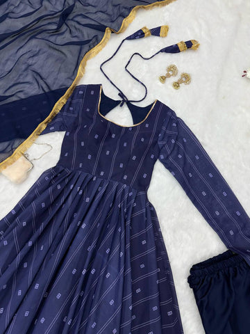 Mesmerizing Navy Blue Color Softy Chex Digital Printed Padded Anarkali Suit