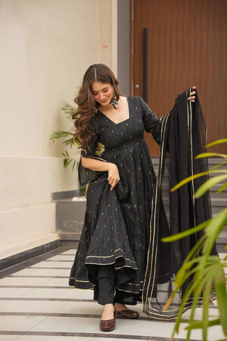 Mesmerizing Black Color Softy Chex Digital Printed Padded Anarkali Suit