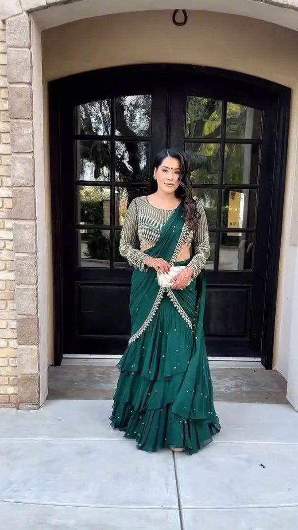 Party Wear Teal Green Color Georgette Sequence Embroidery Work Fully Stitch Ready To Wear Saree
