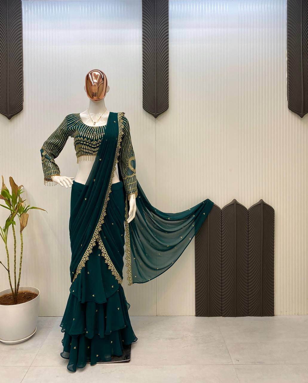 Party Wear Teal Green Color Georgette Sequence Embroidery Work Fully Stitch Ready To Wear Saree