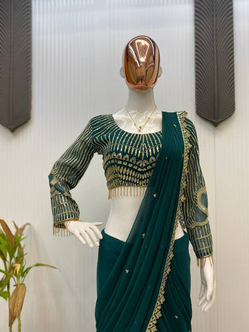 Party Wear Teal Green Color Georgette Sequence Embroidery Work Fully Stitch Ready To Wear Saree
