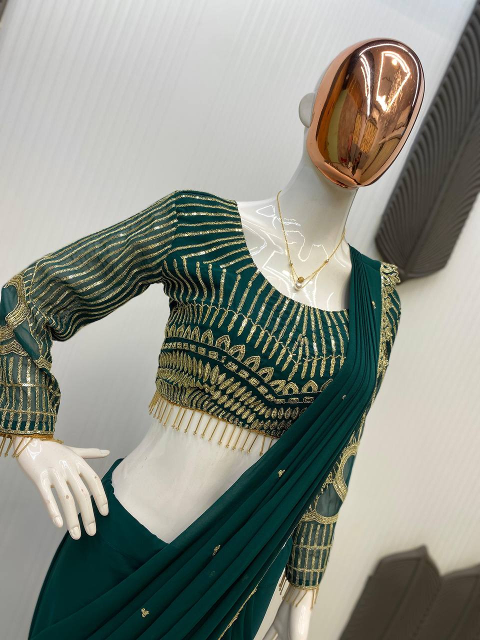 Party Wear Teal Green Color Georgette Sequence Embroidery Work Fully Stitch Ready To Wear Saree