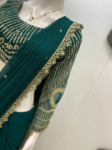 Party Wear Teal Green Color Georgette Sequence Embroidery Work Fully Stitch Ready To Wear Saree