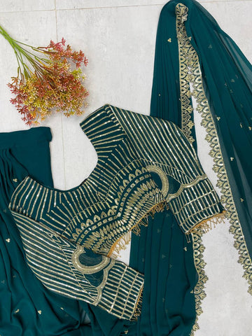 Party Wear Teal Green Color Georgette Sequence Embroidery Work Fully Stitch Ready To Wear Saree