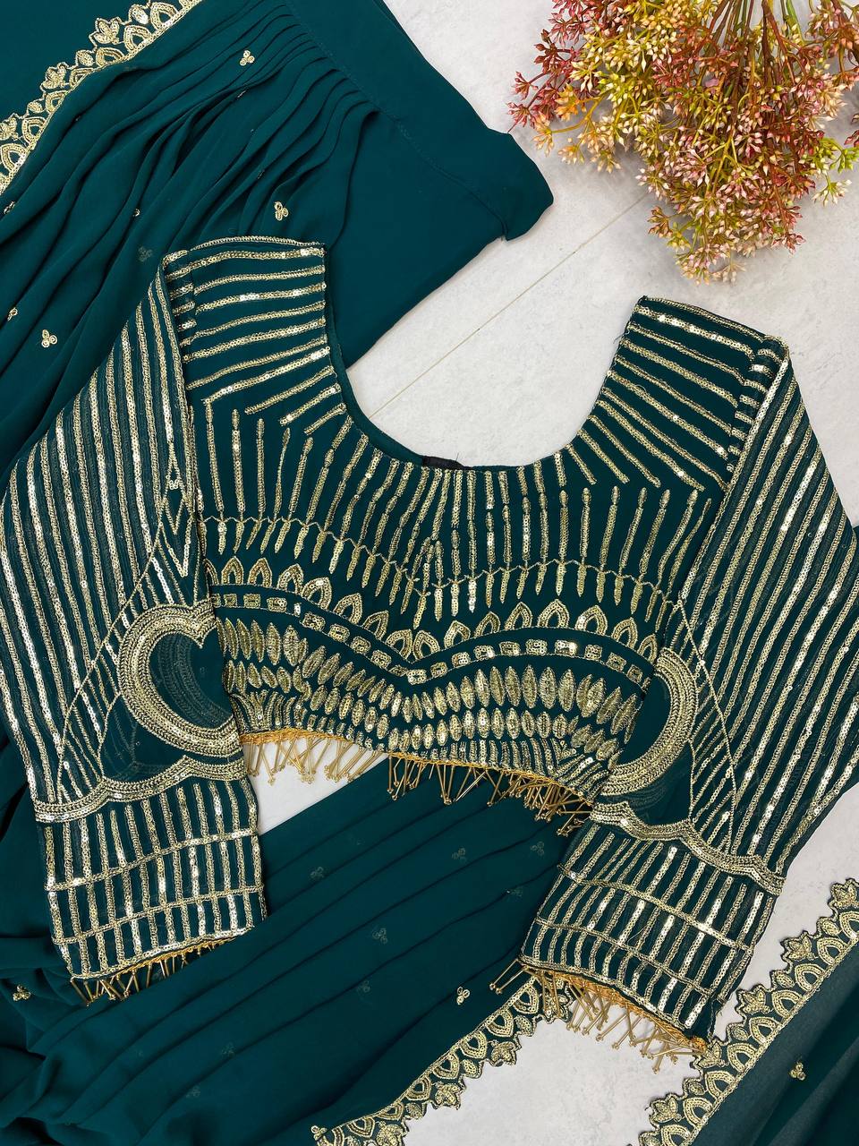Party Wear Teal Green Color Georgette Sequence Embroidery Work Fully Stitch Ready To Wear Saree