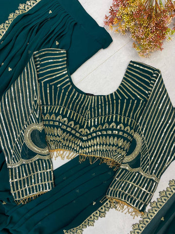 Party Wear Teal Green Color Georgette Sequence Embroidery Work Fully Stitch Ready To Wear Saree