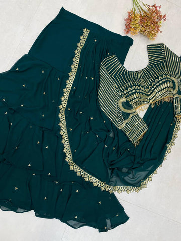 Party Wear Teal Green Color Georgette Sequence Embroidery Work Fully Stitch Ready To Wear Saree