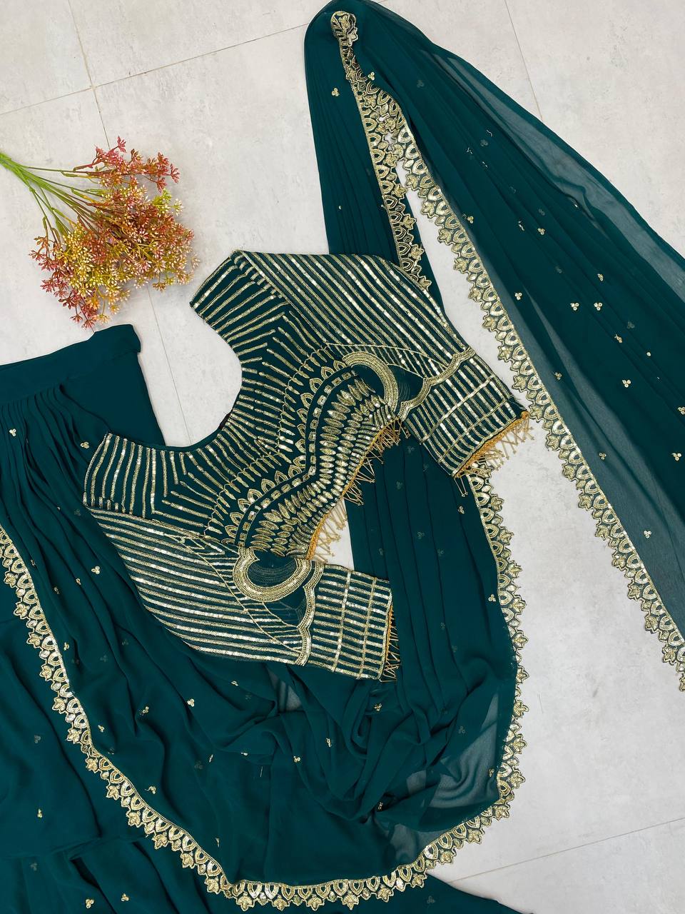Party Wear Teal Green Color Georgette Sequence Embroidery Work Fully Stitch Ready To Wear Saree