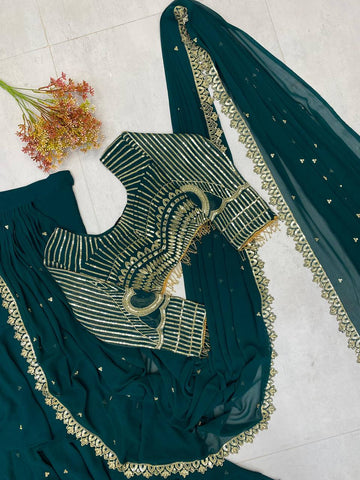 Party Wear Teal Green Color Georgette Sequence Embroidery Work Fully Stitch Ready To Wear Saree