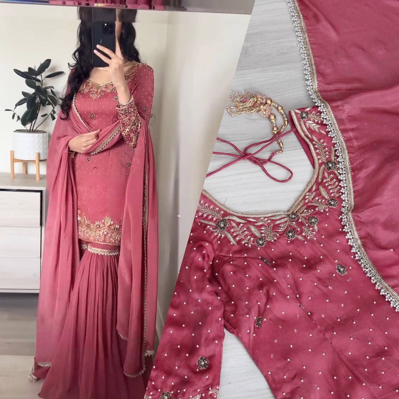 Party Wear Pink Color Pure Heavy Chinon Silk With Embroidery Work Beautiful Sharara Suit