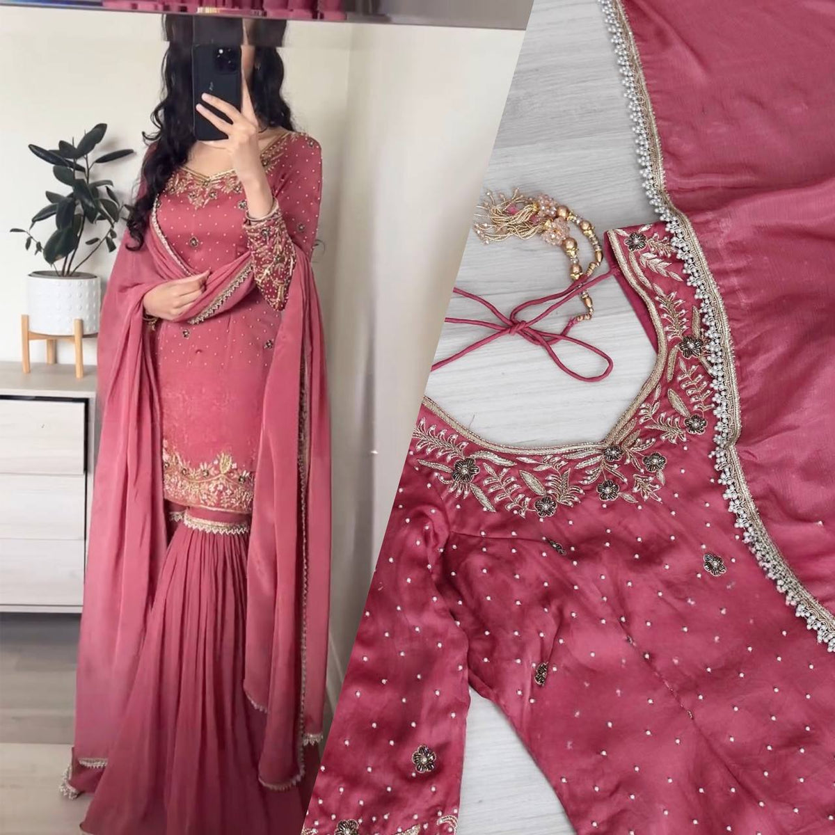 Party Wear Pink Color Pure Heavy Chinon Silk With Embroidery Work Beautiful Sharara Suit