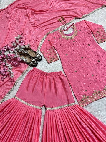 Party Wear Pink Color Pure Heavy Chinon Silk With Embroidery Work Beautiful Sharara Suit
