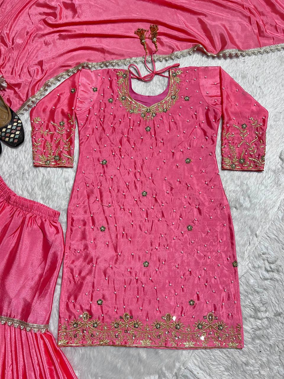 Party Wear Pink Color Pure Heavy Chinon Silk With Embroidery Work Beautiful Sharara Suit