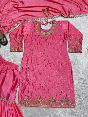 Party Wear Pink Color Pure Heavy Chinon Silk With Embroidery Work Beautiful Sharara Suit