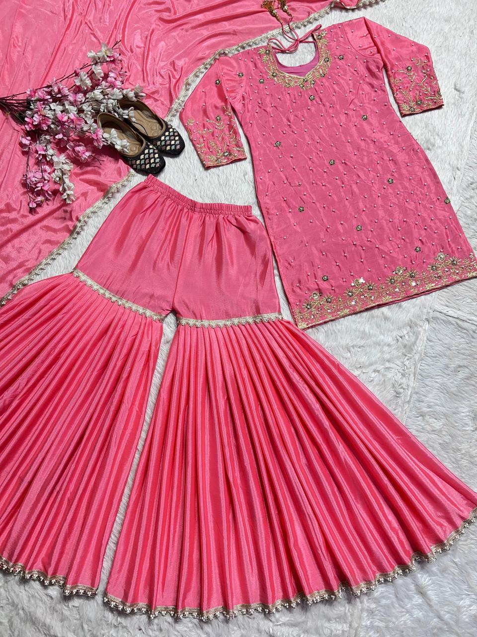 Party Wear Pink Color Pure Heavy Chinon Silk With Embroidery Work Beautiful Sharara Suit