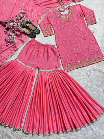 Party Wear Pink Color Pure Heavy Chinon Silk With Embroidery Work Beautiful Sharara Suit