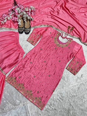 Party Wear Pink Color Pure Heavy Chinon Silk With Embroidery Work Beautiful Sharara Suit