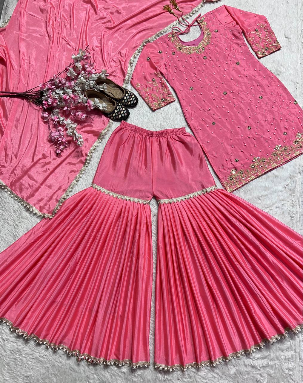 Party Wear Pink Color Pure Heavy Chinon Silk With Embroidery Work Beautiful Sharara Suit