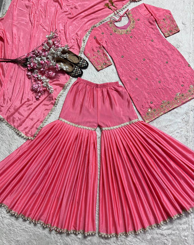 Party Wear Pink Color Pure Heavy Chinon Silk With Embroidery Work Beautiful Sharara Suit