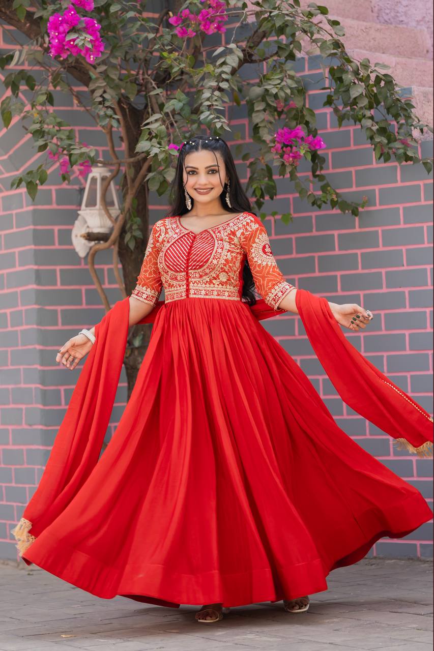 Stylish Red Color Pure Chinon With Pure Bandhrej Work Beautiful Gown