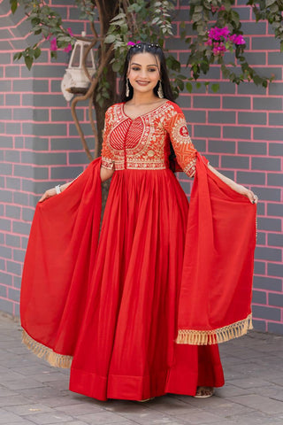 Stylish Red Color Pure Chinon With Pure Bandhrej Work Beautiful Gown