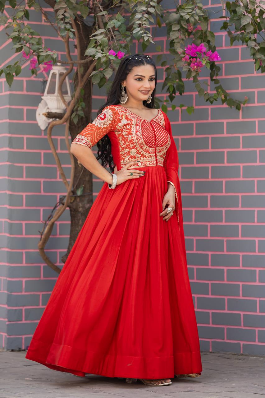 Stylish Red Color Pure Chinon With Pure Bandhrej Work Beautiful Gown