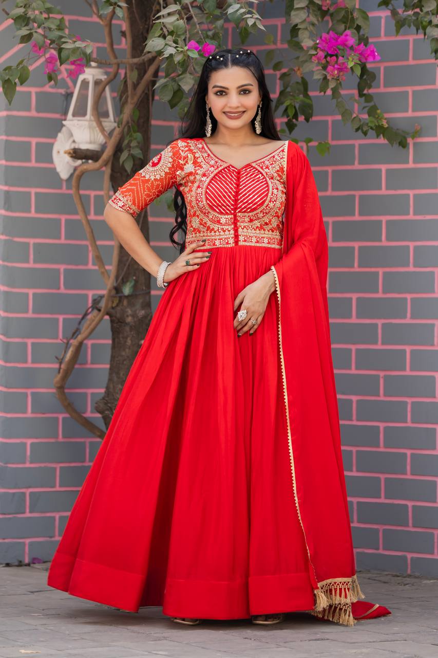 Stylish Red Color Pure Chinon With Pure Bandhrej Work Beautiful Gown