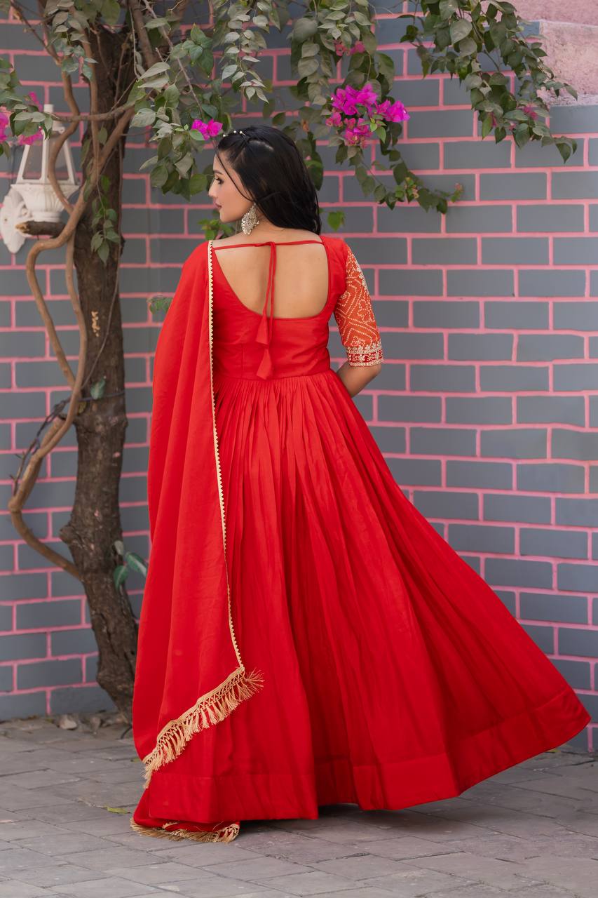 Stylish Red Color Pure Chinon With Pure Bandhrej Work Beautiful Gown