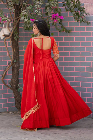 Stylish Red Color Pure Chinon With Pure Bandhrej Work Beautiful Gown