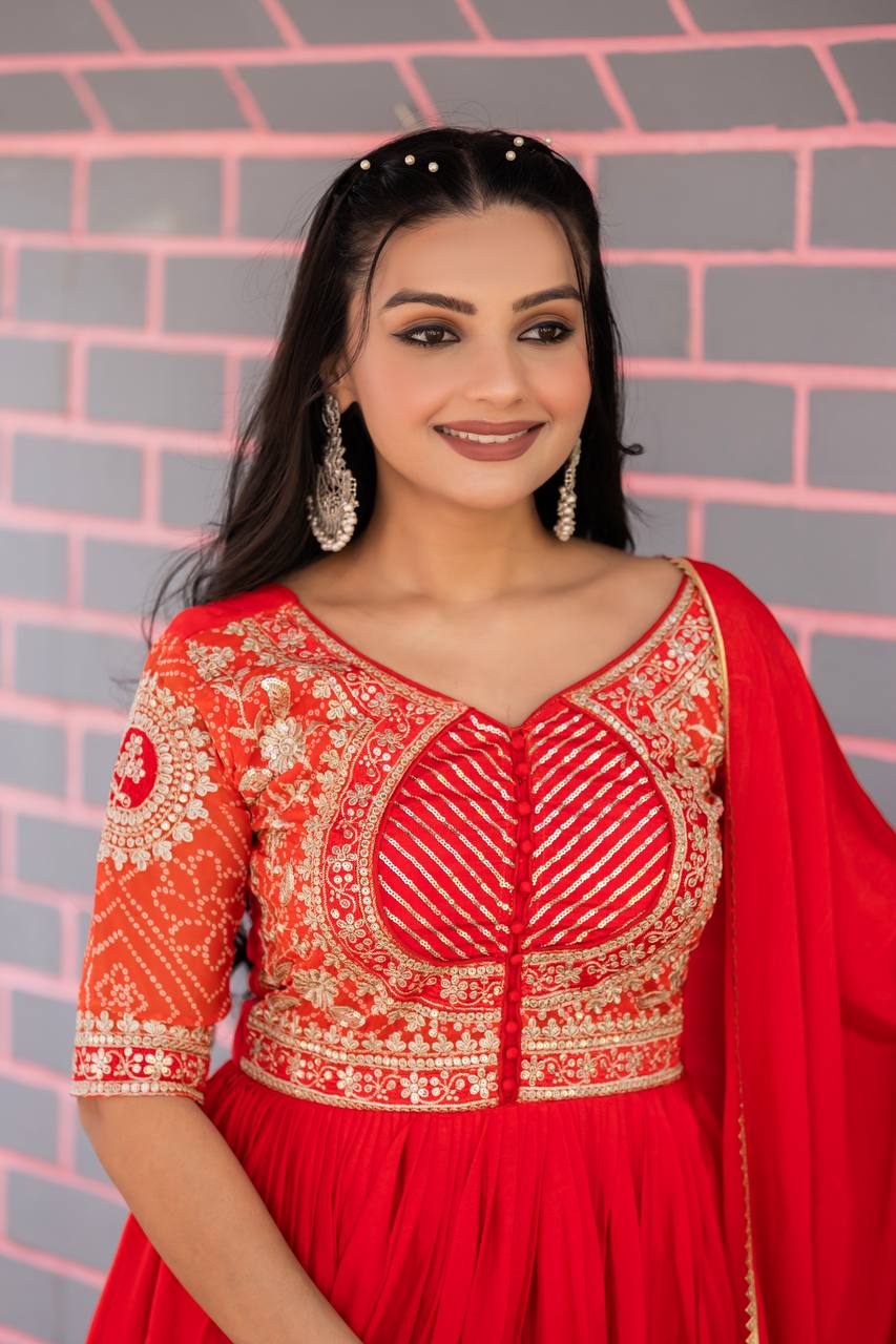Stylish Red Color Pure Chinon With Pure Bandhrej Work Beautiful Gown