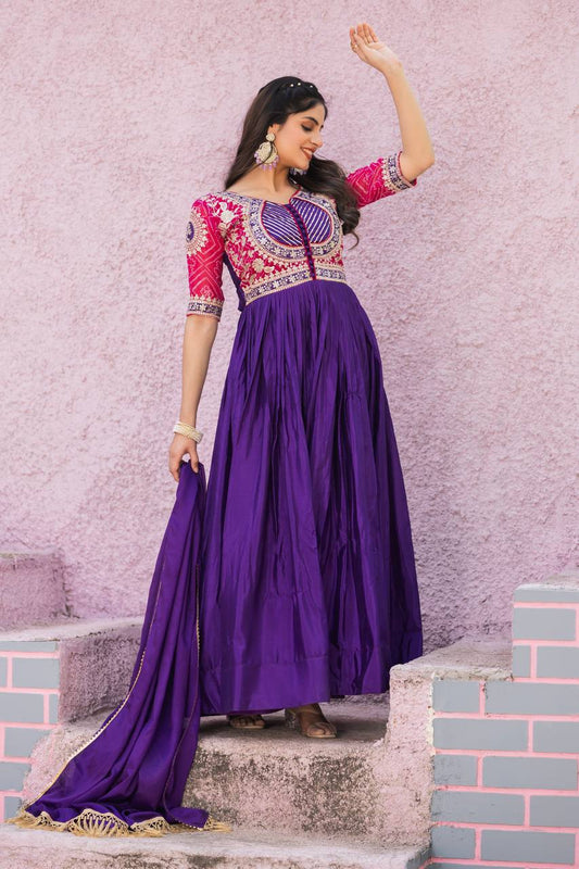 Fancy Royal Blue Color Pure Chinon With Pure Bandhrej Work Beautiful Gown