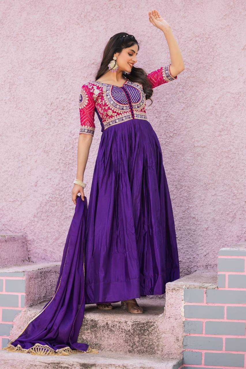 Fancy Royal Blue Color Pure Chinon With Pure Bandhrej Work Beautiful Gown