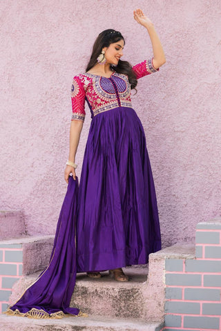 Fancy Royal Blue Color Pure Chinon With Pure Bandhrej Work Beautiful Gown