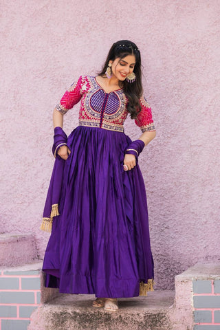 Fancy Royal Blue Color Pure Chinon With Pure Bandhrej Work Beautiful Gown