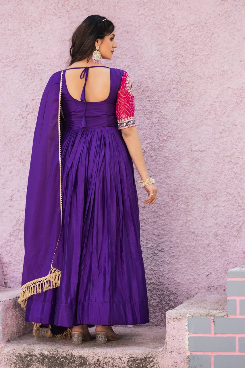 Fancy Royal Blue Color Pure Chinon With Pure Bandhrej Work Beautiful Gown
